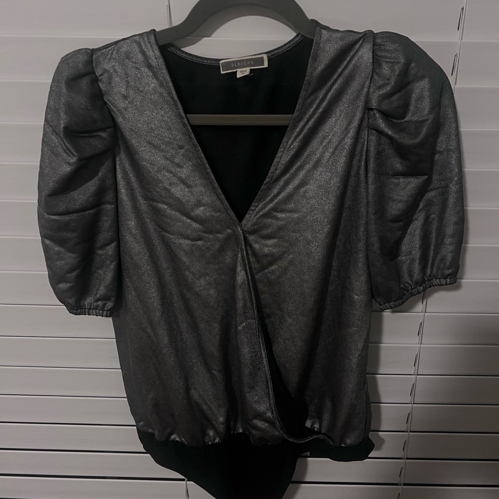 Pleione Shimmering Silver Puff Sleeve Bodysuit